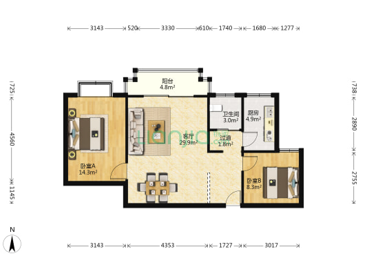 江景阳光 2室1厅1卫 85平方