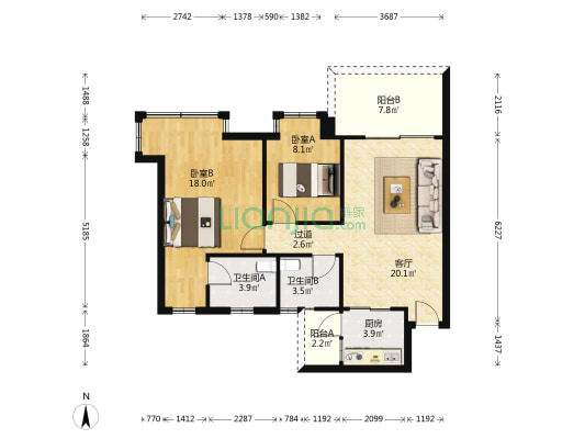 丽景国际 2室1厅2卫 87平方