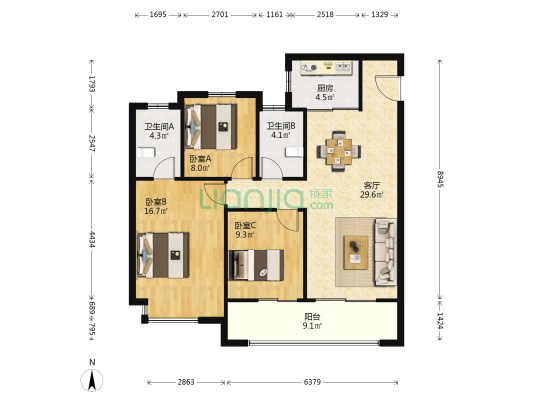 中海九樾 3室1厅2卫 119平方