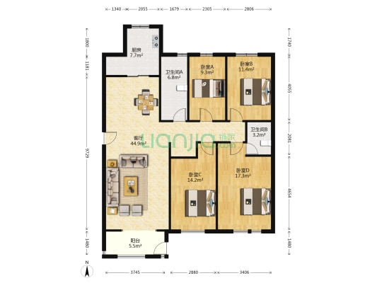 维明水湾 4室1厅2卫 162平方