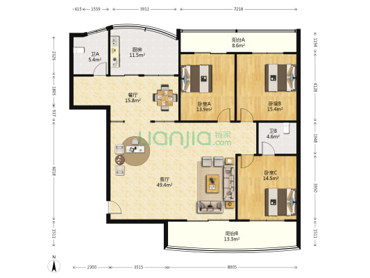 泰建花园 3室2厅2卫 180平方