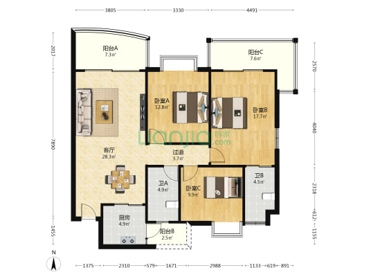 和基花园北区 3室1厅2卫 130平方