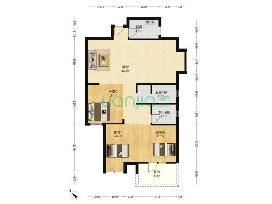 杰翔运铎嘉园 3室1厅2卫 114平方
