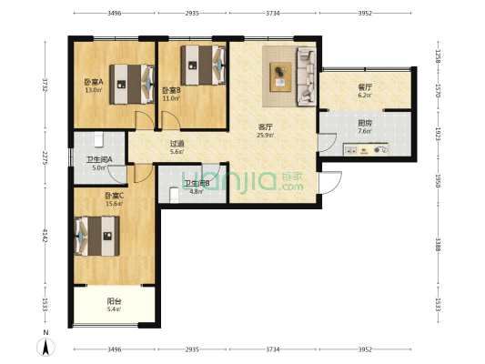 盛世鑫苑 3室2厅2卫 129平方