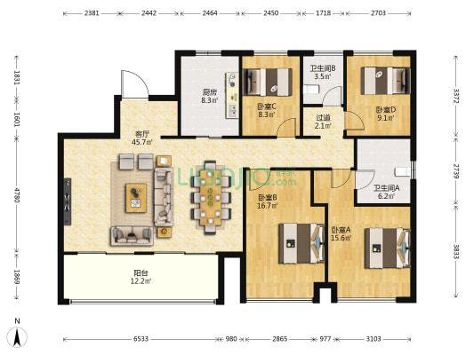 花语江南 4室1厅2卫 170平方