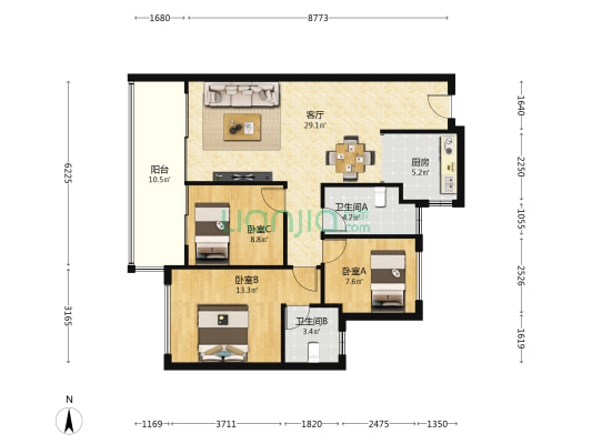 贵阳小关万达广场 3室1厅2卫 100平方