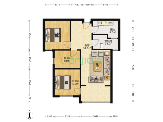福桂园 3室1厅1卫 90平方