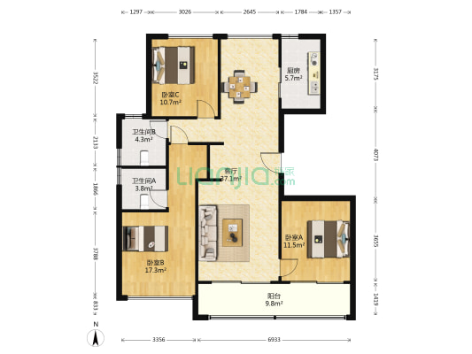 山水樾澜庭 3室1厅2卫 128平方