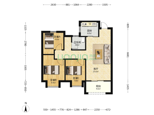 首开融创榕耀之城 3室1厅1卫 80平方