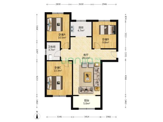 南北三居，随意装修，大社区，高品质-户型图