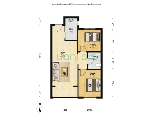 孔雀城剑桥郡六期 2室1厅1卫 77平方