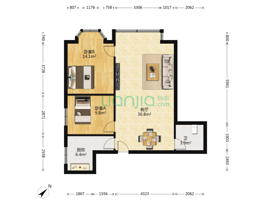 聚龙锦苑 2室1厅1卫 88平方