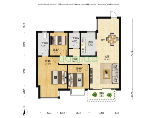 古汇公寓 3室1厅2卫 109平方