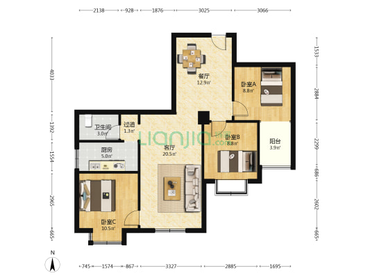 创信商厦 3室2厅1卫 116平方