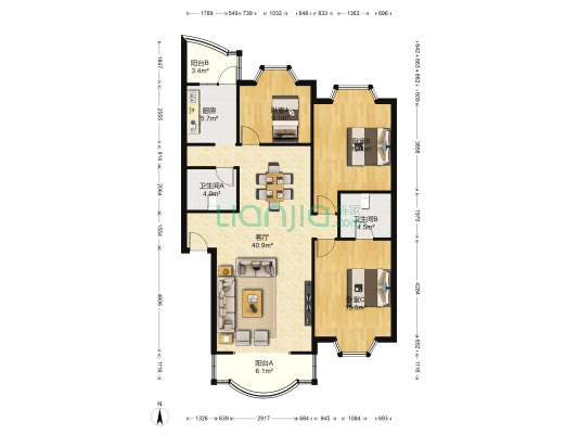 北辰小区樱花苑 3室1厅2卫 116平方