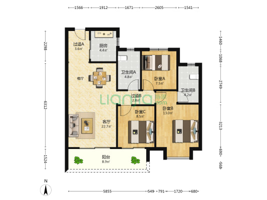 中大汇 3室1厅2卫 106平方