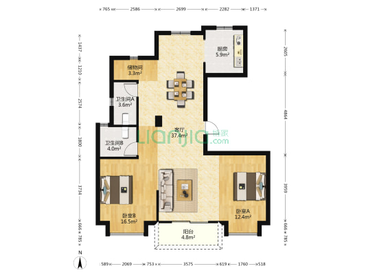 德信江南大院 2室1厅2卫 114平方