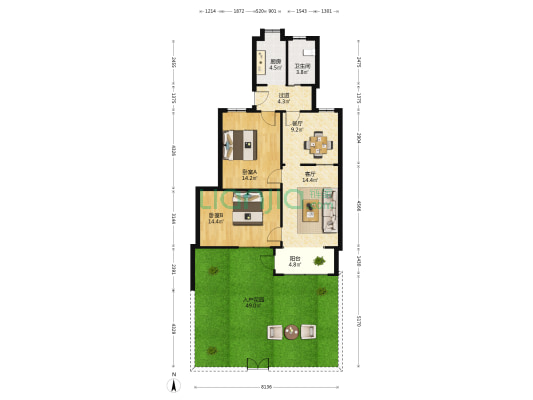 轻工业设计院宿舍 2室2厅1卫 87平方