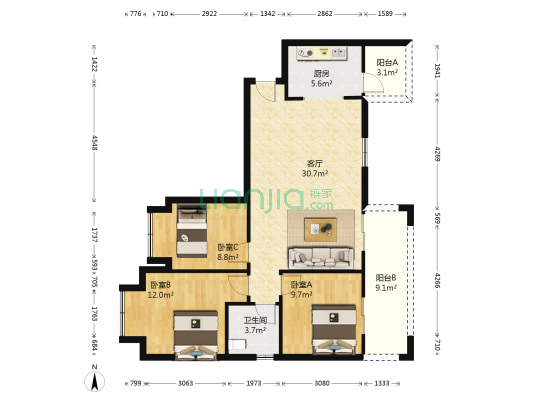 银锣湾 3室1厅1卫 95平方