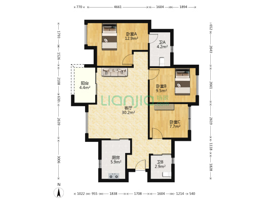 万科金域世家 3室1厅2卫 92平方
