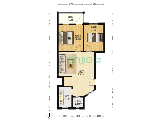 橡胶厂宿舍 2室1厅1卫 77平方