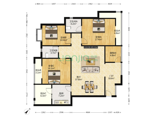 南轩雅居南区 3室1厅2卫 129平方