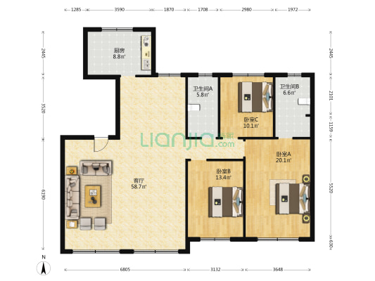 中海龙玺B区 3室1厅2卫 146平方