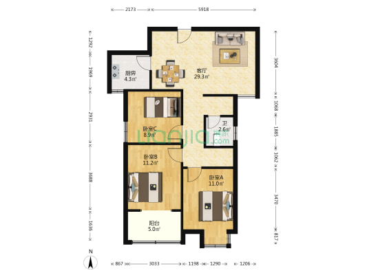 凉亭雅苑三期B区 3室1厅1卫 98平方