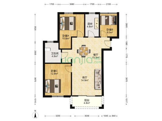 玫瑰恬园 3室2厅1卫 95平方