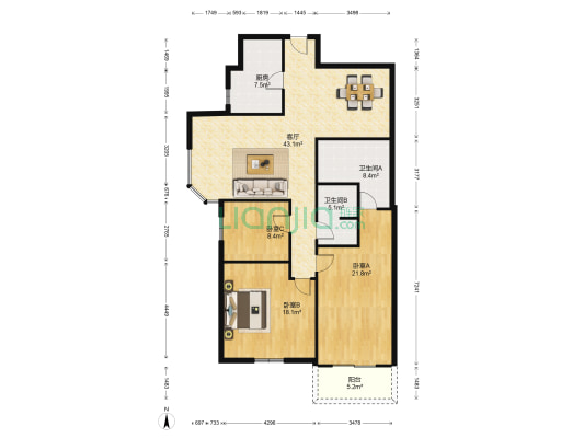 锦绣花园西区 3室1厅2卫 152平方