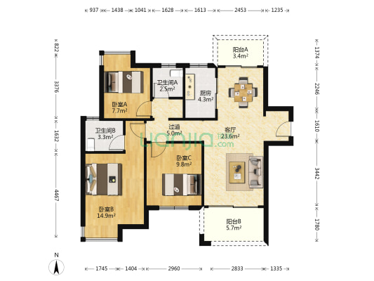 新力龙湾四期 3室1厅2卫 102平方