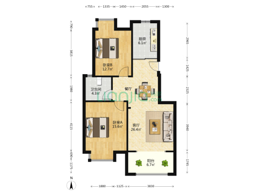 绿茵水岸 2室1厅1卫 90平方