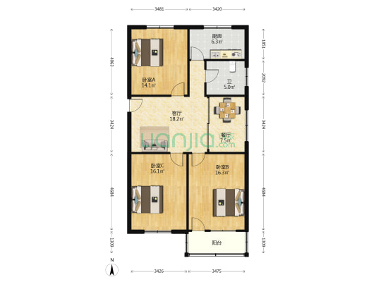 华兴新村 3室2厅1卫 105平方