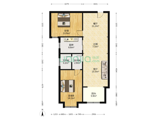 花板桥黄金小区 2室2厅2卫 90平方