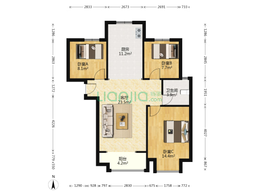天伦湾 南北通透3居 明厨明卫 样板间户型-户型图