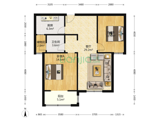 湖西雅苑F区 2室1厅1卫 90平方