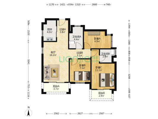融创公园首府 3室1厅2卫 89平方
