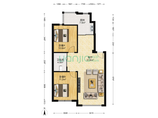 巴黎公馆 2室1厅1卫 75平方
