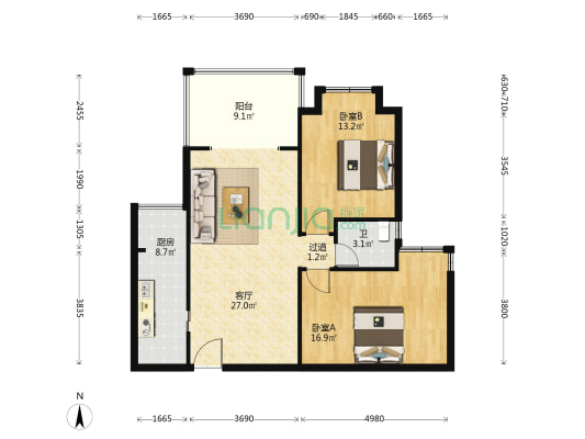 帝景湾 2室1厅1卫 93平方