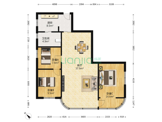 花园大厦 3室1厅1卫 100平方