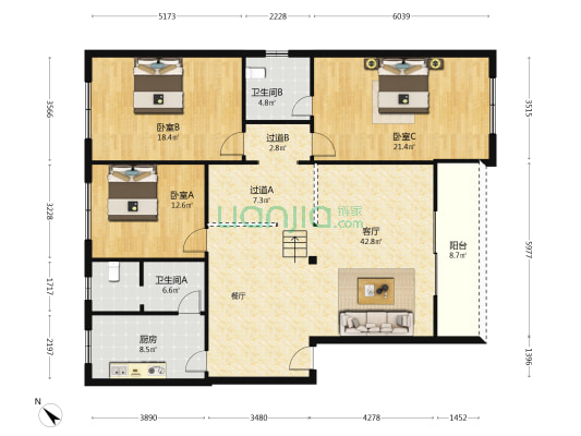 高灯南路126号 3室1厅2卫 140平方