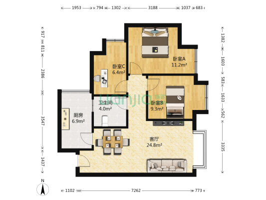 优品尚东三期 3室1厅1卫 77平方