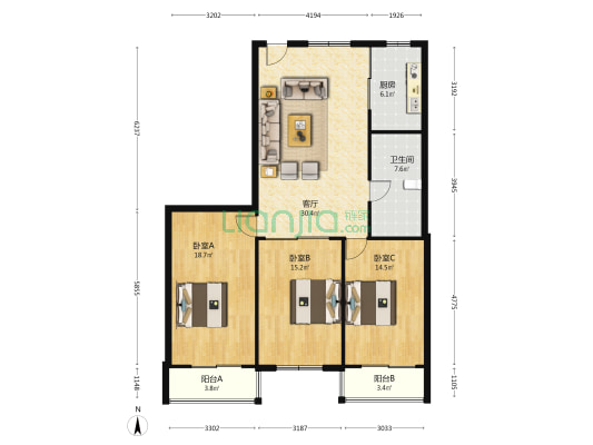 双飞公寓 3室1厅1卫 136平方