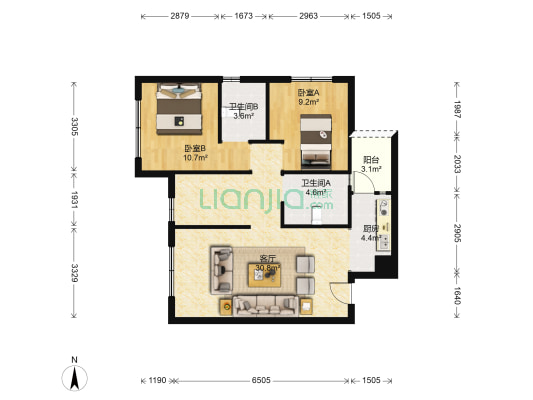 保利天府南院 2室1厅2卫 91平方