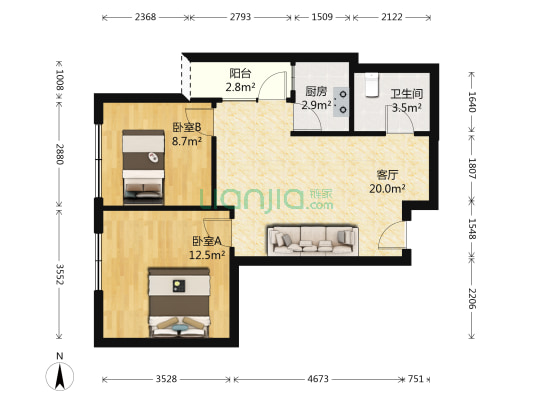 华民大厦 2室1厅1卫 65平方