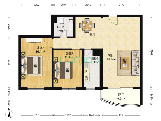 先锋公寓 2室1厅1卫 105平方