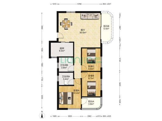 河畔广场 3室1厅2卫 108平方