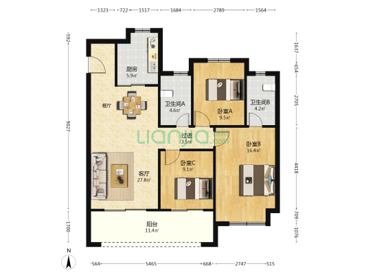 骏园 3室1厅2卫 119平方
