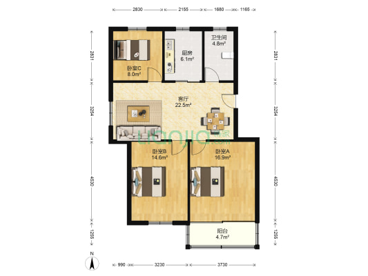 政园小区 3室1厅1卫 100平方