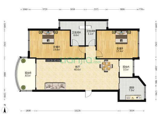 兰海花园一期 2室1厅2卫 135平方